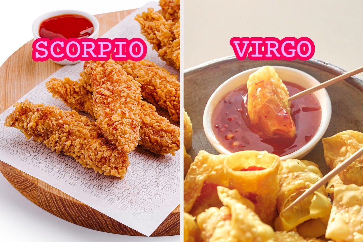 Left: Fried chicken tenders labeled "Scorpio." Right: Dumplings with sauce labeled "Virgo."