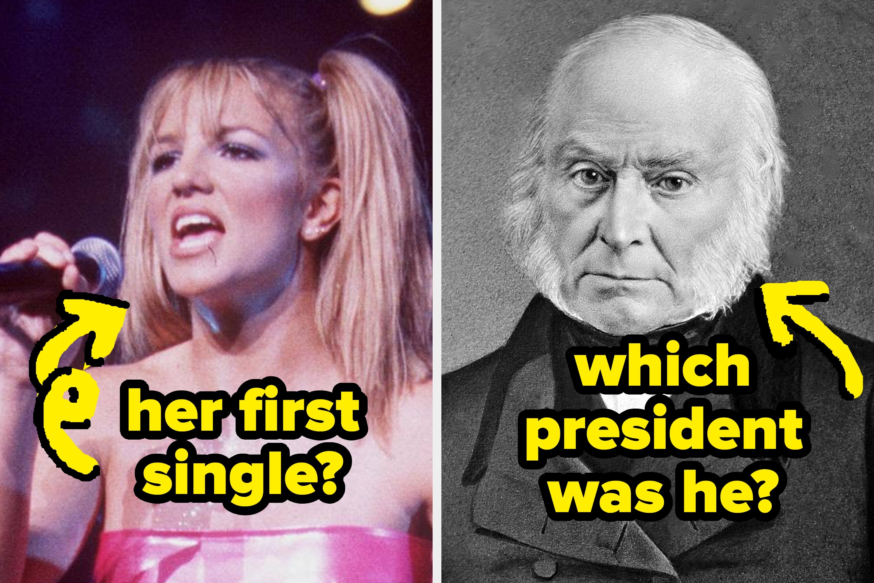 Two-panel image: Left, a woman sings on stage with pigtails and a shiny outfit. Right, an older man in a formal suit, depicted in an old-style portrait