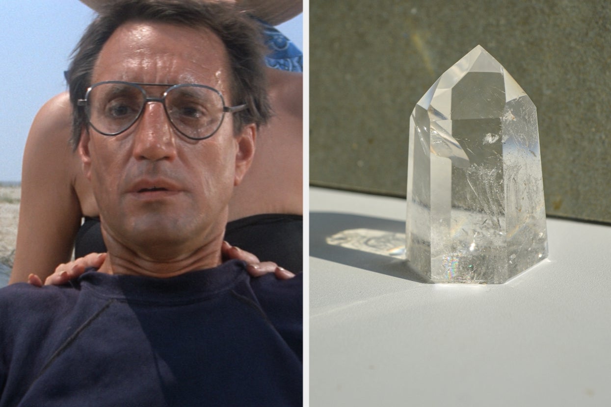Person in glasses looking surprised on the left; clear quartz crystal on the right
