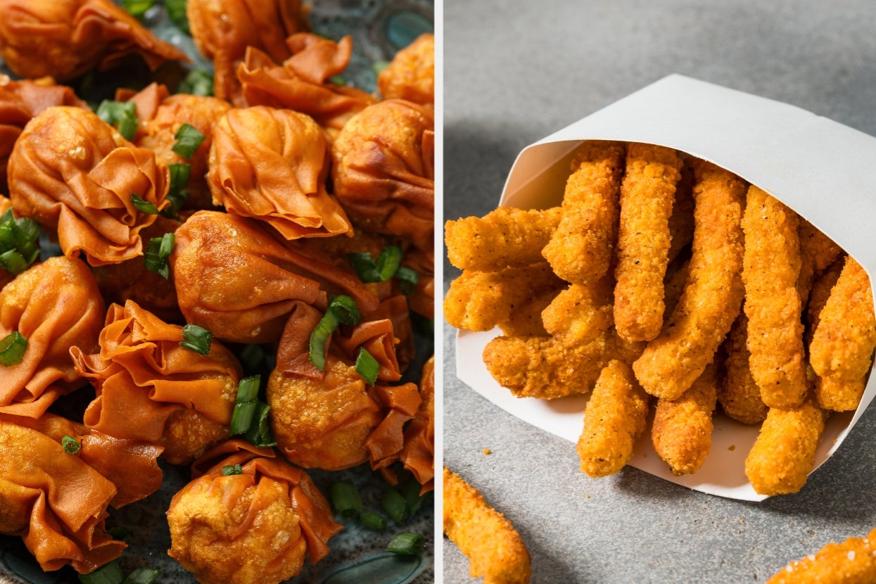 Left: Crispy fried dumplings garnished with chopped green onions. Right: Breaded mozzarella sticks in a white paper container