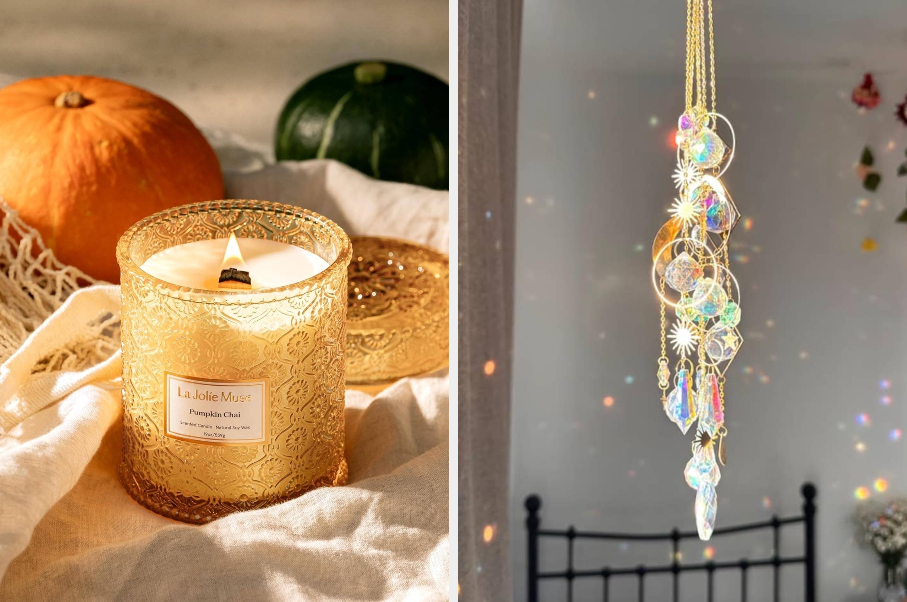 Pumpkin chai candle beside pumpkins and a fall wreath with leaves and berries, suggesting autumn-themed home decor