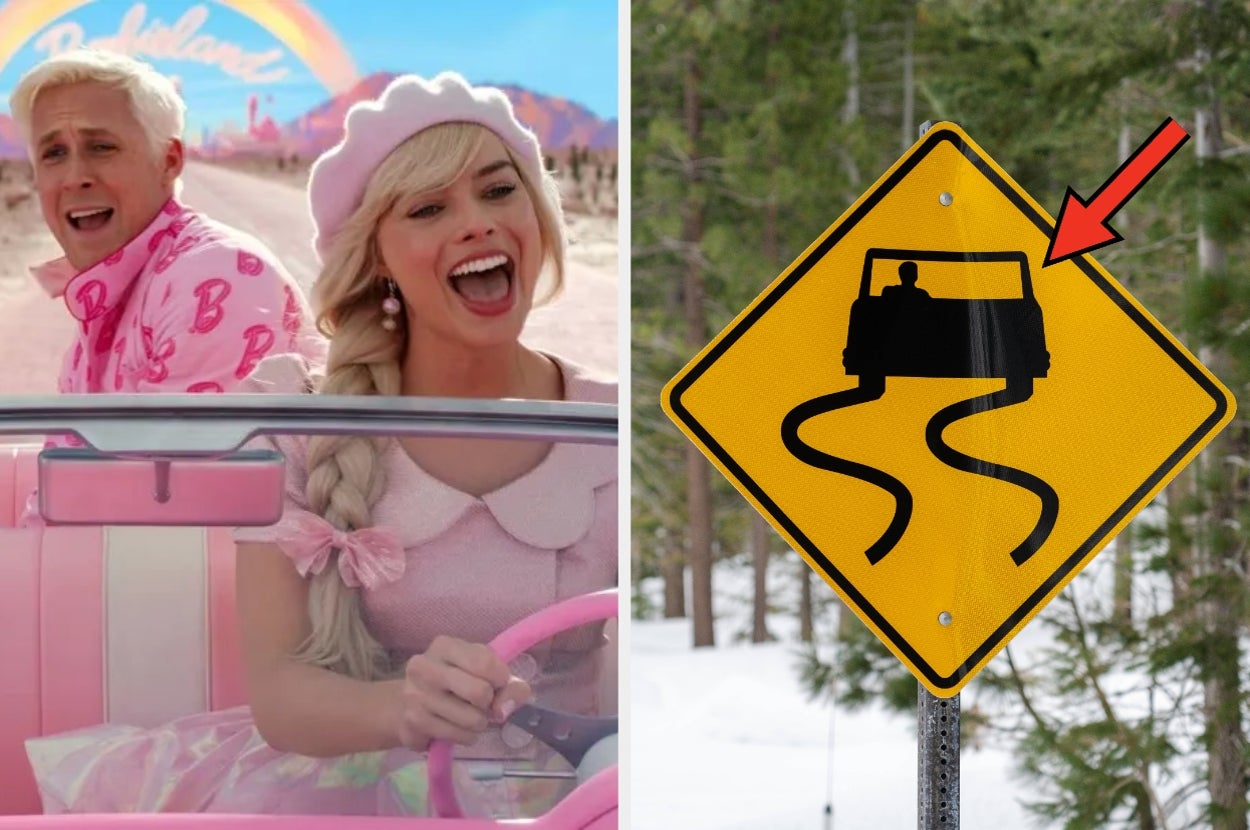 On left, two people in a car, one in a patterned outfit and the other in a cap-sleeved top. On right, a curvy road sign with an ATV silhouette