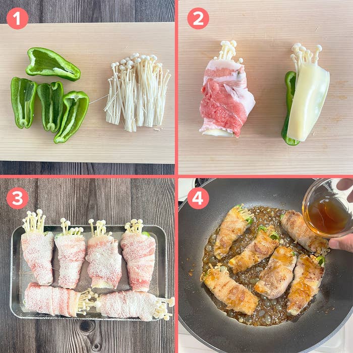 ピーマンとえのきの肉巻き料理の手順。スライスされた牛肉で巻き、揚げる途中でタレを加えている様子。