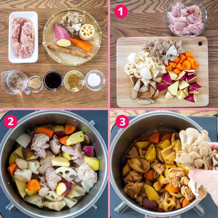 煮物の作り方。1: 食材(鶏肉、野菜)を準備。2: 食材を鍋に入れる。3: さらに具材を加えて調理。