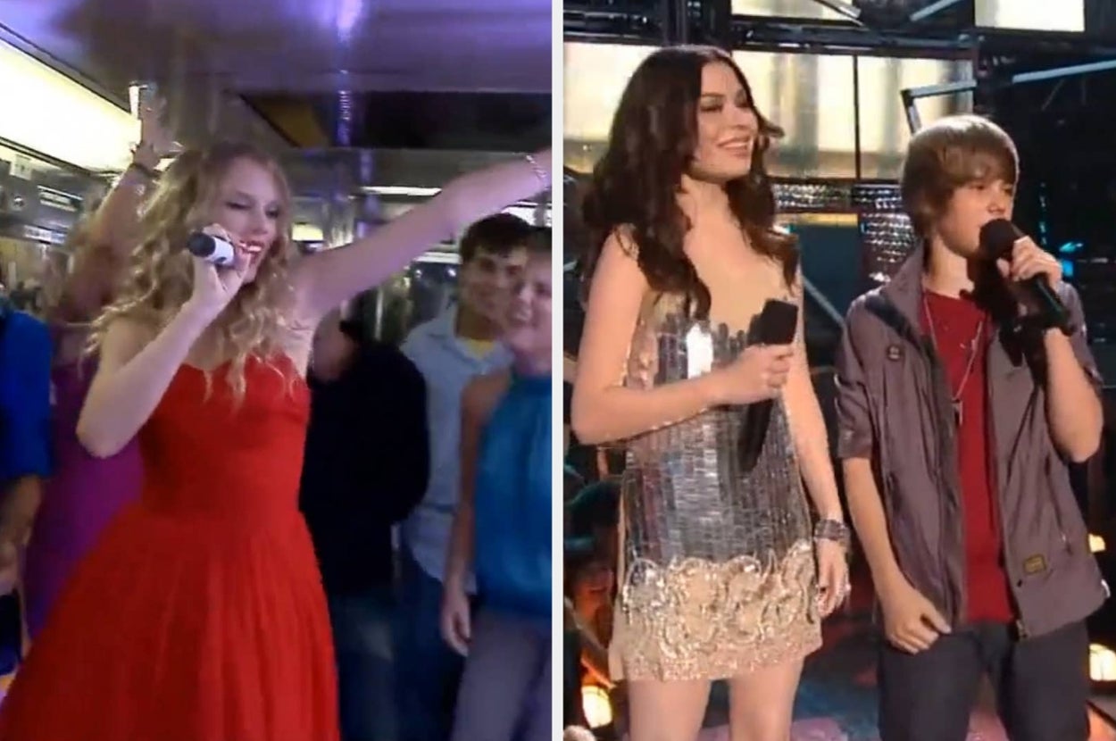 Two celebrities performing on stage; the left in a strapless dress singing, the right in a shiny mini dress, standing with a microphone