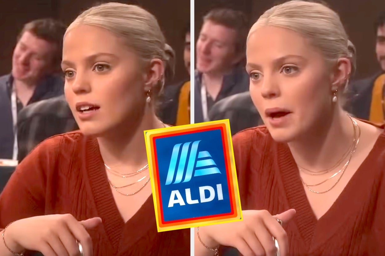 Reneé Rapp as Leighton in a dining hall in a scene from Sex Lives of College Girls with the Aldi logo in the foreground