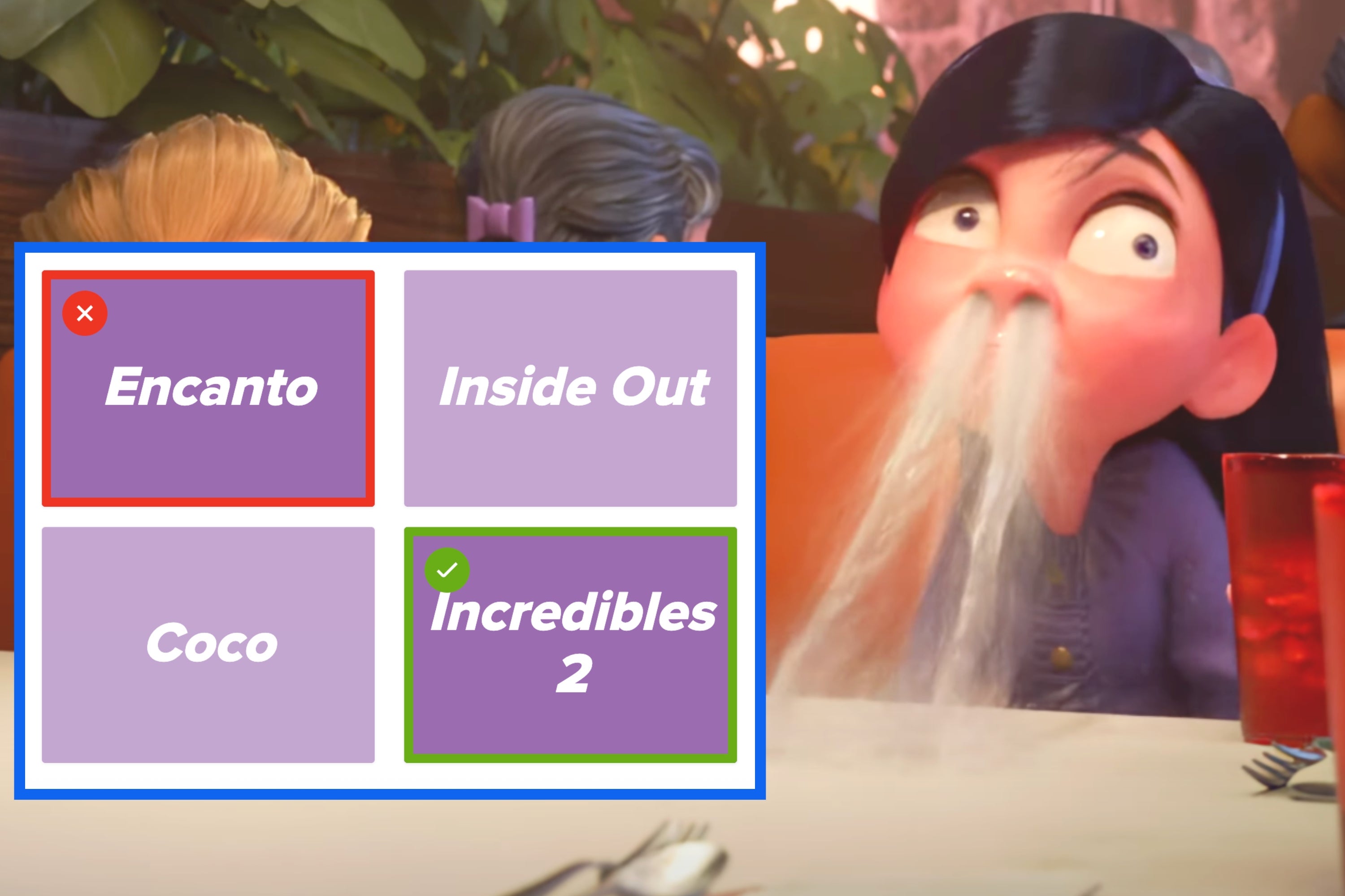 Animated characters from The Incredibles; Violet gushes water from her mouth, surprising Dash in a restaurant booth