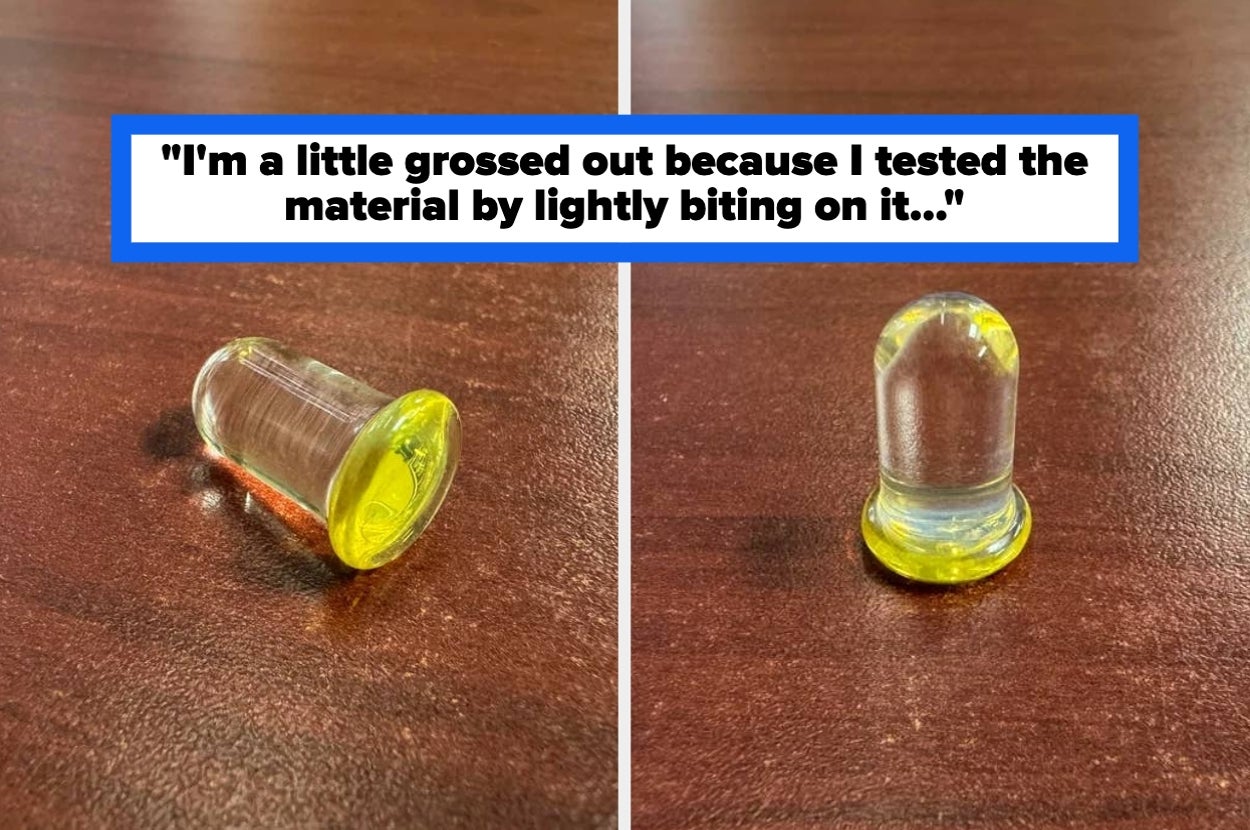 Two close-up images of a gumball machine capsule, one open. Text above reads, "I'm a little grossed out because I tested the material by lightly biting on it."