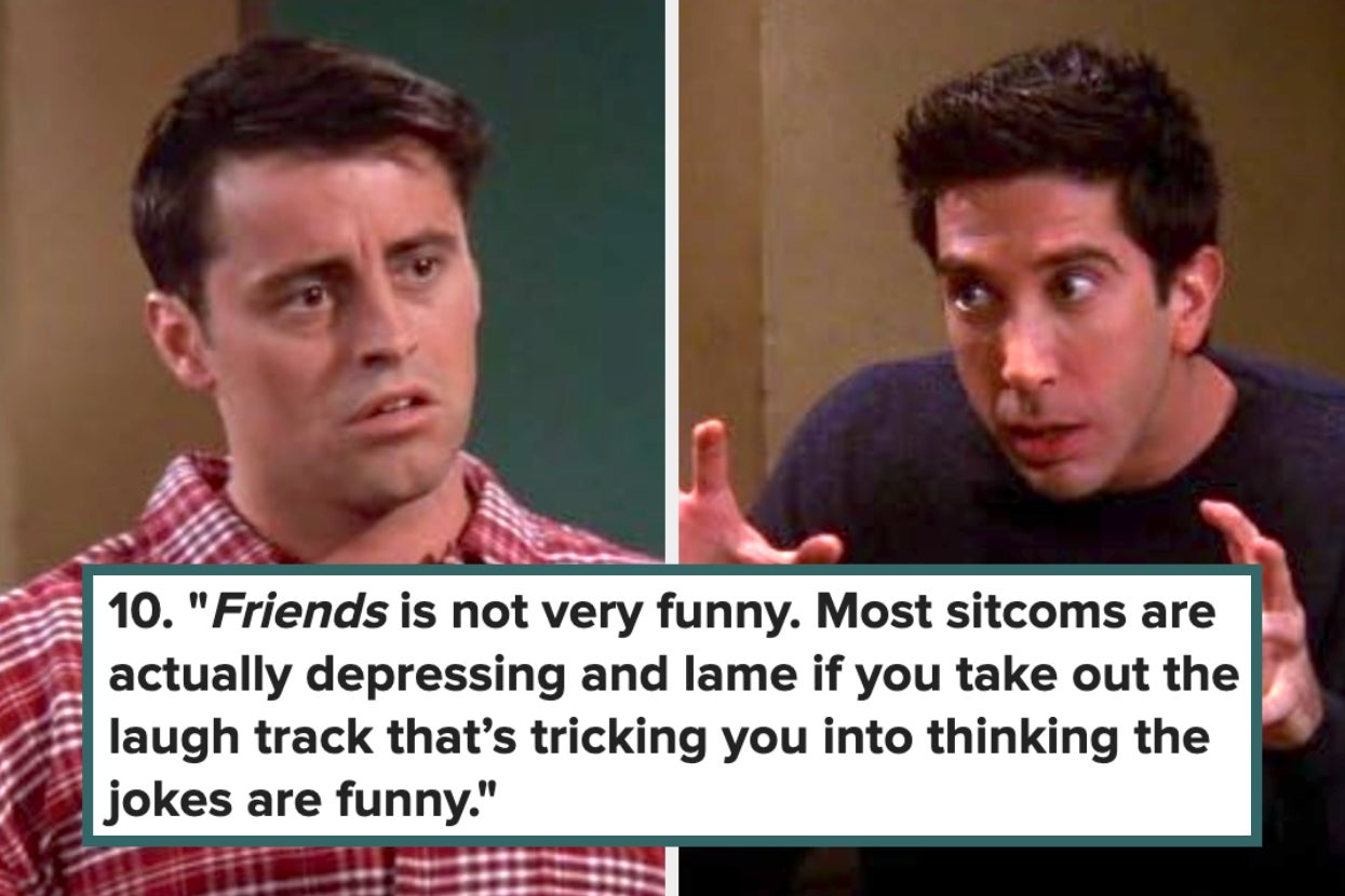 Two men having an animated discussion; the text critiques "Friends," saying sitcoms are less funny without laugh tracks