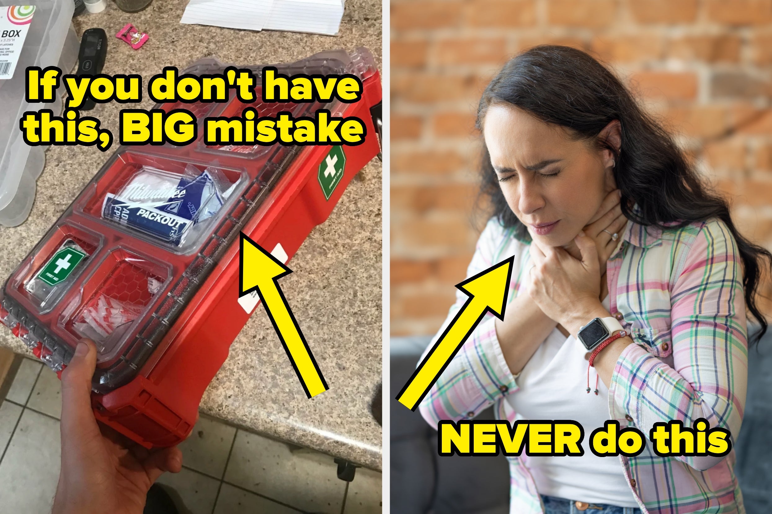 Left: A first aid kit with "If you don't have this, BIG mistake" text; right: Person holding throat, choking, with "NEVER do this" text