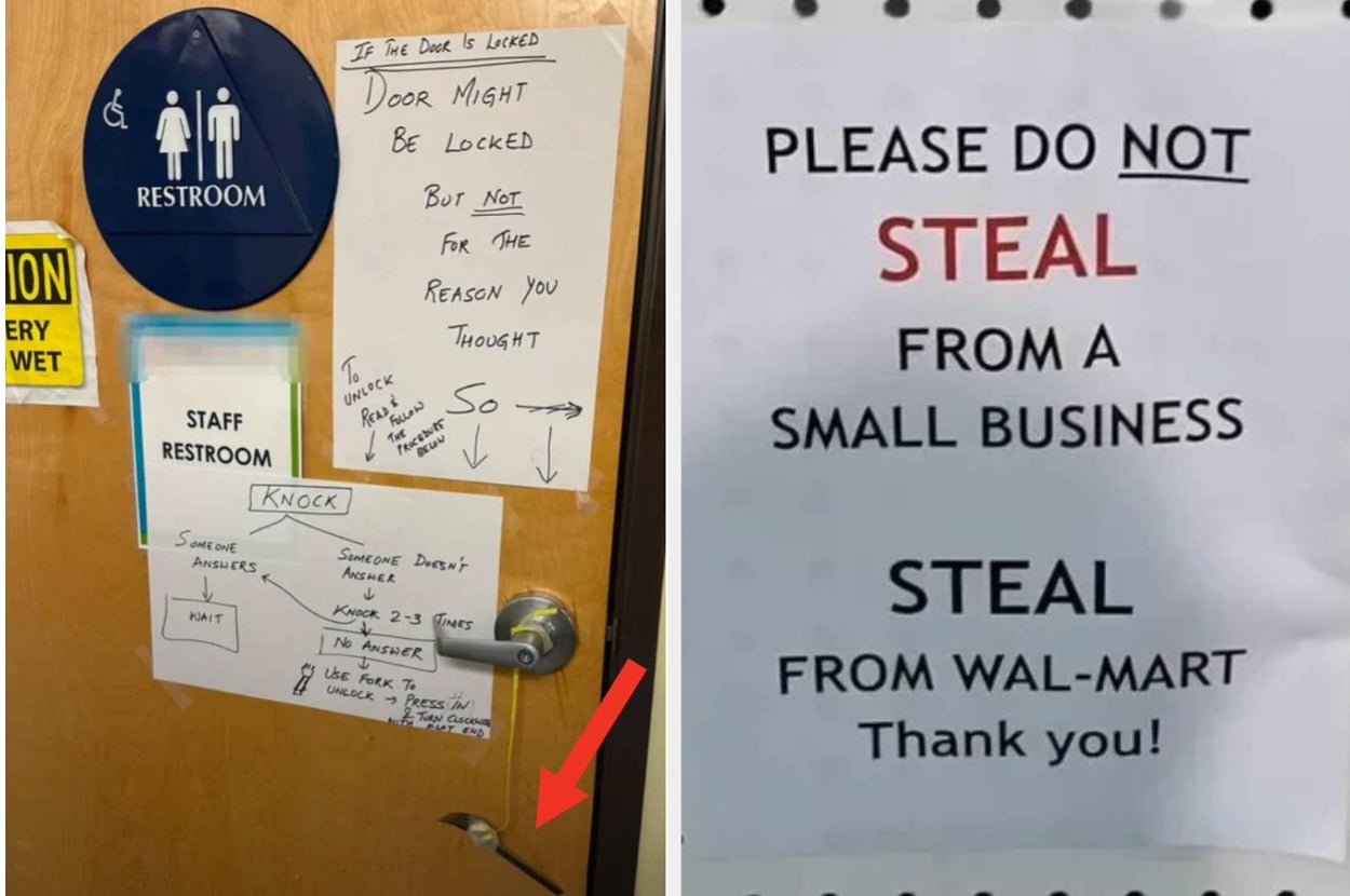 Door with humorous signs suggesting theft from larger stores over small ones; a red arrow points at a poorly attached handle