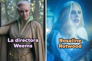 Fotogramas de "La directora Weems" en traje elegante y "Rosaline Rotwood" con vestimenta futurista