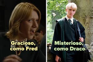 Two images of fictional characters: Fred, labeled "Gracioso," and Draco, labeled "Misterioso," both in school uniforms