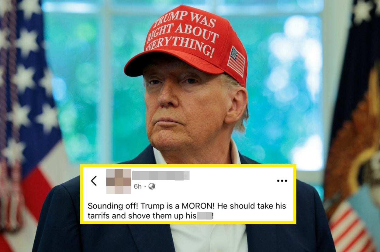 A man in a red cap with a critical Facebook comment about him in the foreground