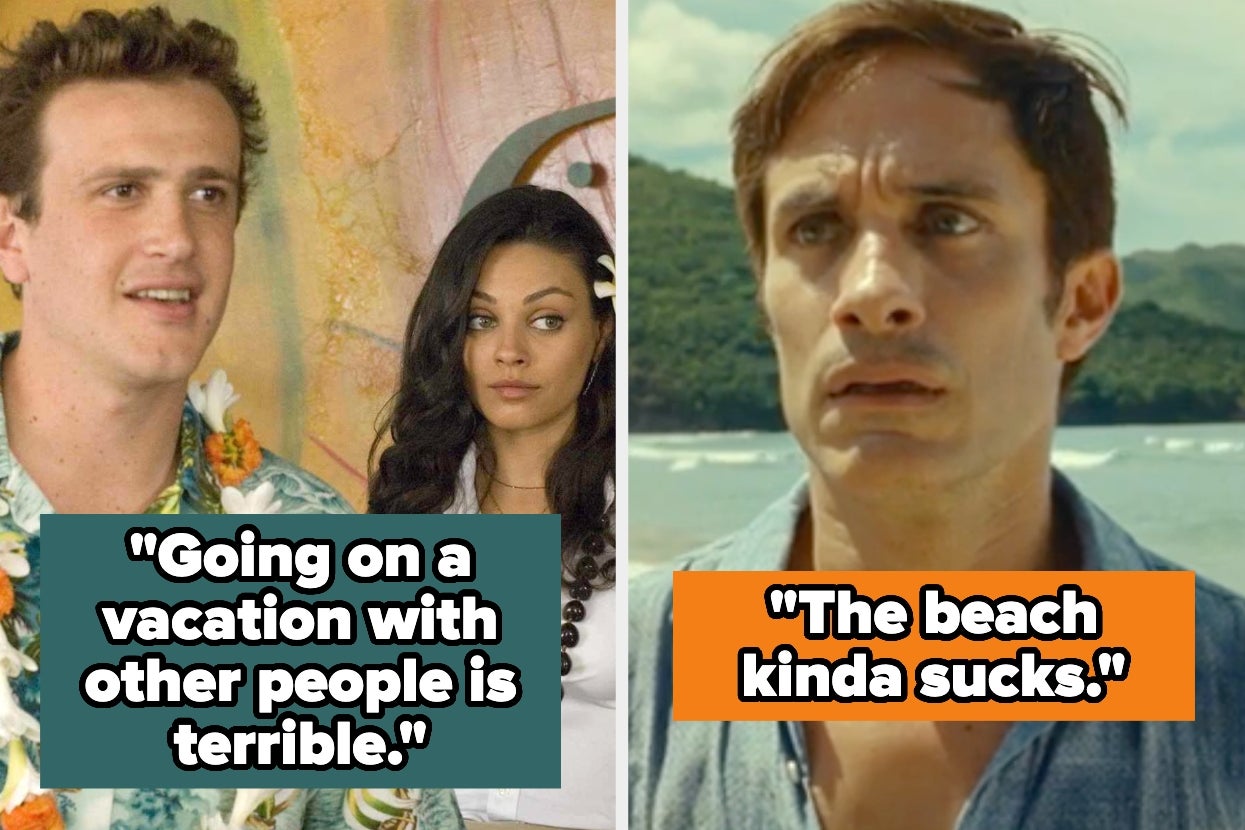 Split image: Left shows a man and woman with a humorous statement about vacationing with others. Right shows a concerned man saying the beach is disappointing