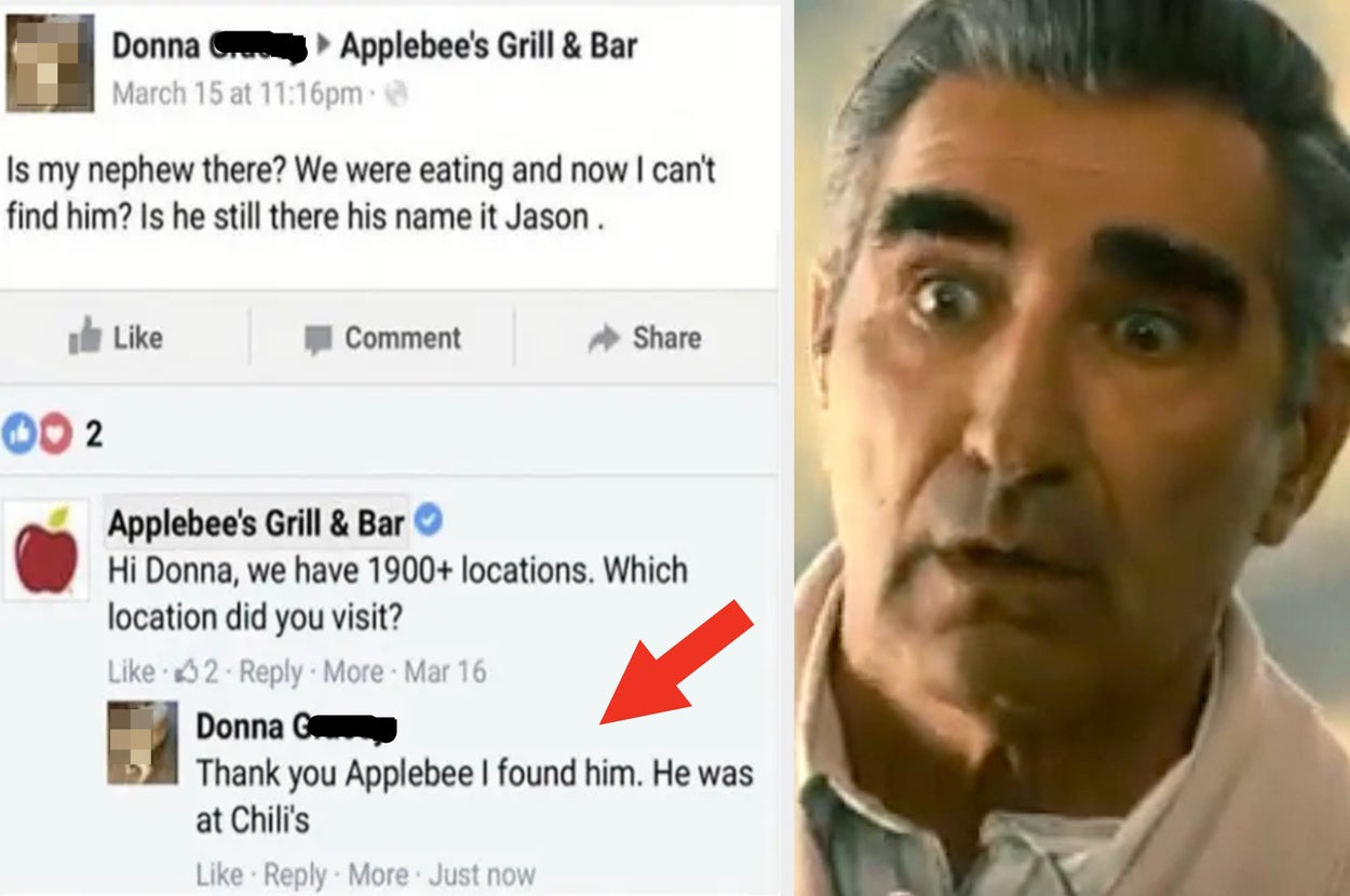Meme featuring a Facebook exchange: Donna asks Applebee's about her missing nephew, later revealing he was found at Chili's; paired with a surprised man's reaction