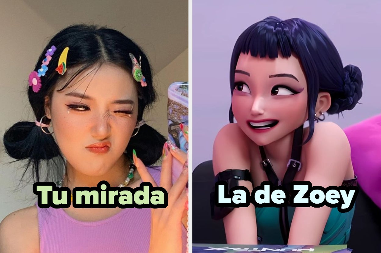 Person with playful expression, colorful hair clips, and phone. Animated character Zoey smiling, arms crossed. Text: "Tu mirada" and "La de Zoey."