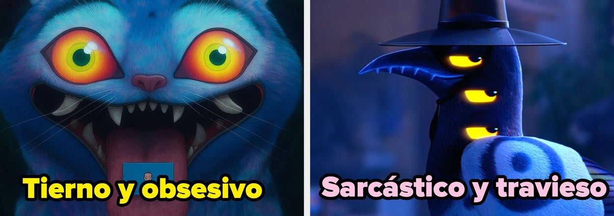 Gato azul con cara cómica y expresión entusiasta junto a un pájaro oscuro con sombrero y mirada astuta. Texto: "Tierno y obsesivo; Sarcástico y travieso"