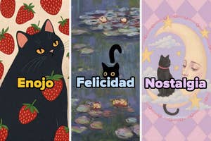 Black cat with strawberries, Monet-style water lilies, and a moon theme, each representing "Anger," "Happiness," "Nostalgia" in bold text