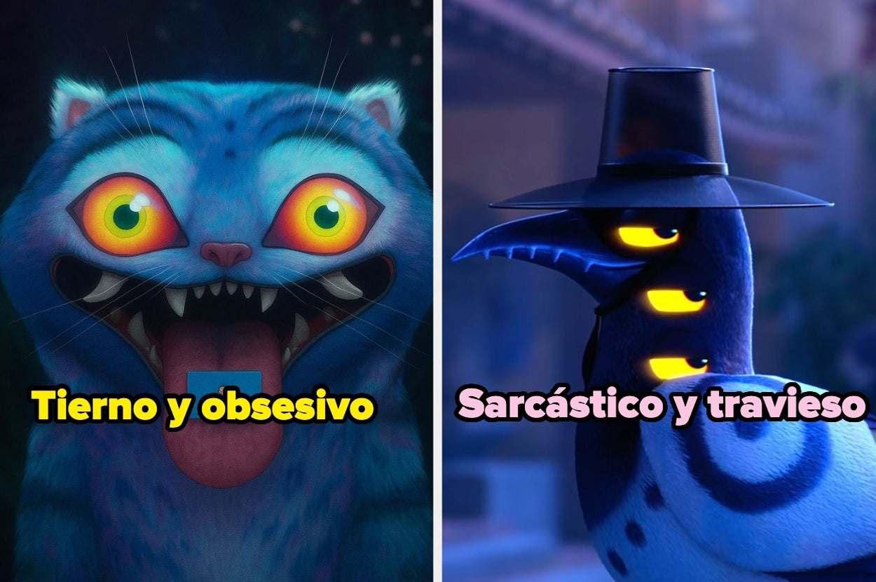 Gato azul con cara cómica y expresión entusiasta junto a un pájaro oscuro con sombrero y mirada astuta. Texto: "Tierno y obsesivo; Sarcástico y travieso"
