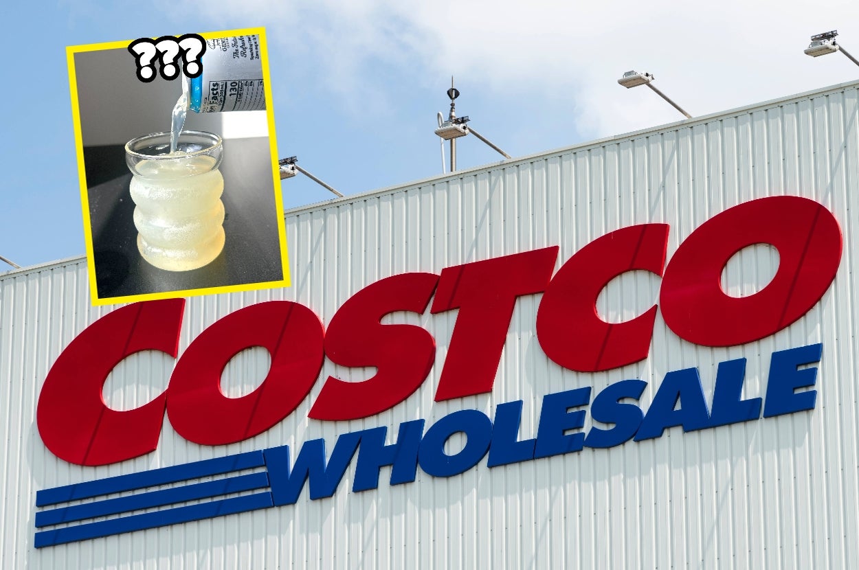 Costco Wholesale sign with inset showing a sparkling beverage being poured into a glass, raising curiosity about the drink