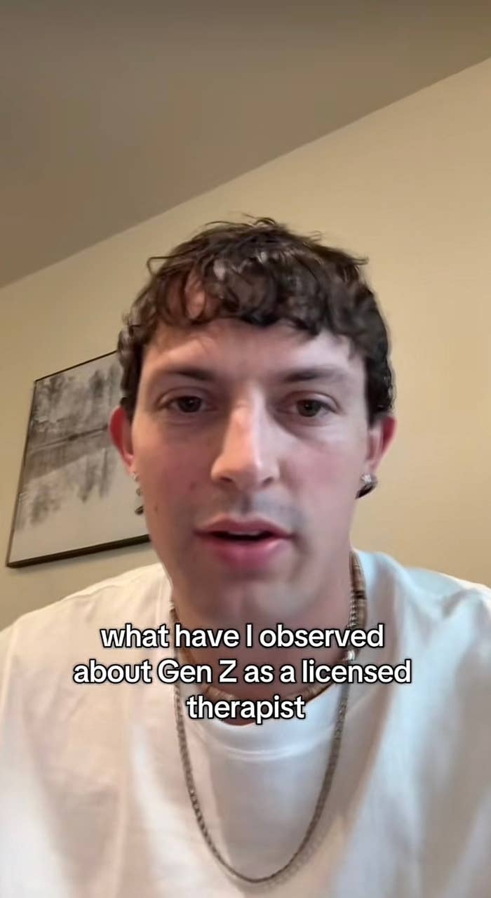 Person speaking directly to the camera, text reads: "what have I observed about Gen Z as a licensed therapist."