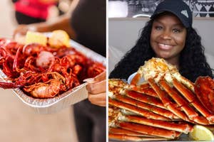 Left: Person holding a tray of cooked crawfish. Right: Smiling person with long hair and a cap, holding a large plate of king crab legs