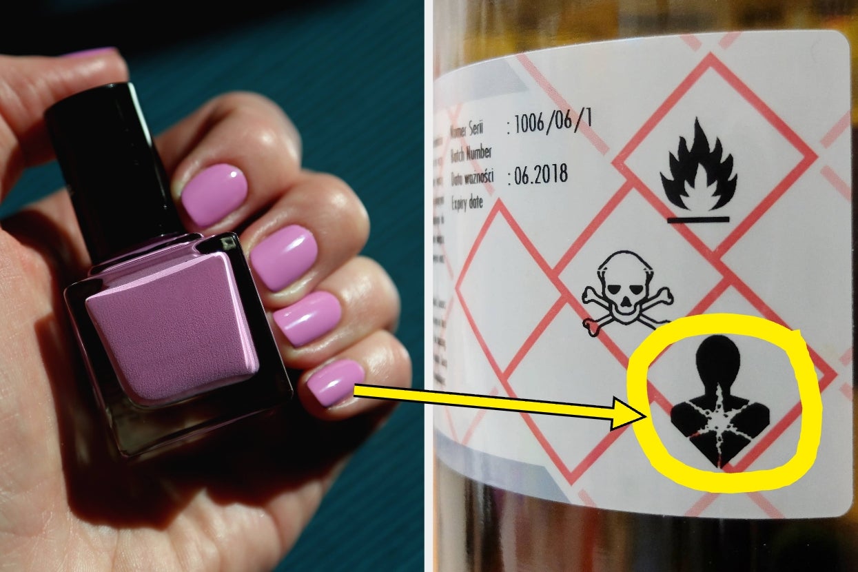 A hand holding pink nail polish; hazard symbols shown for flammable, toxic, and health hazard with an arrow pointing to the health hazard icon