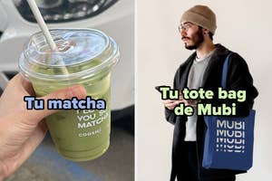 On the left, a hand holds a labeled matcha drink. On the right, a person with glasses and a beanie holds a Mubi tote bag