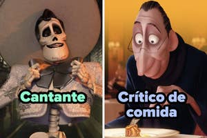 Personaje esqueleto mariachi a la izquierda, y crítico de comida animado con plato gourmet a la derecha, ambos de películas animadas