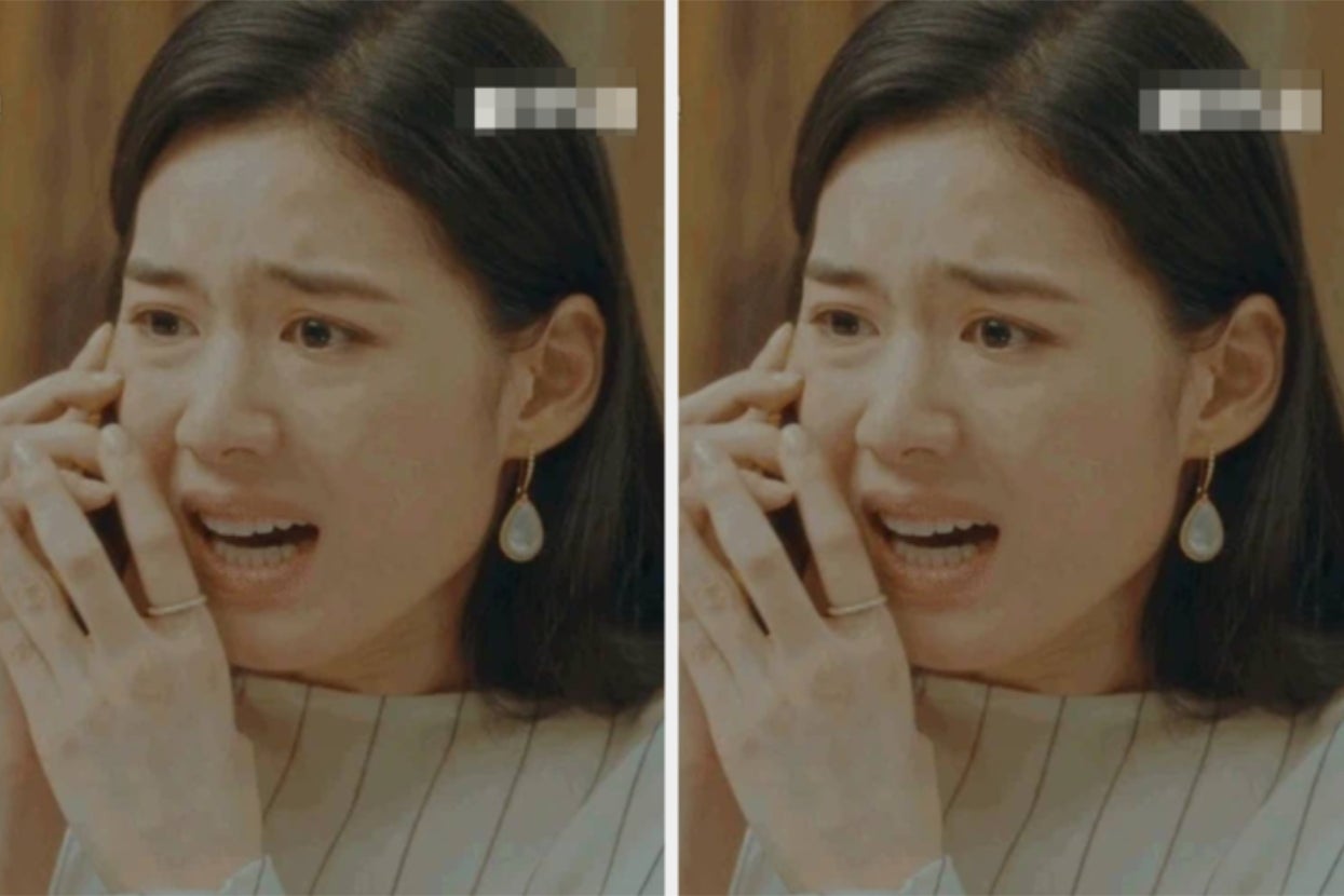 A woman holds a phone to her ear with a concerned expression, eyebrows furrowed, and mouth slightly open, as if speaking urgently