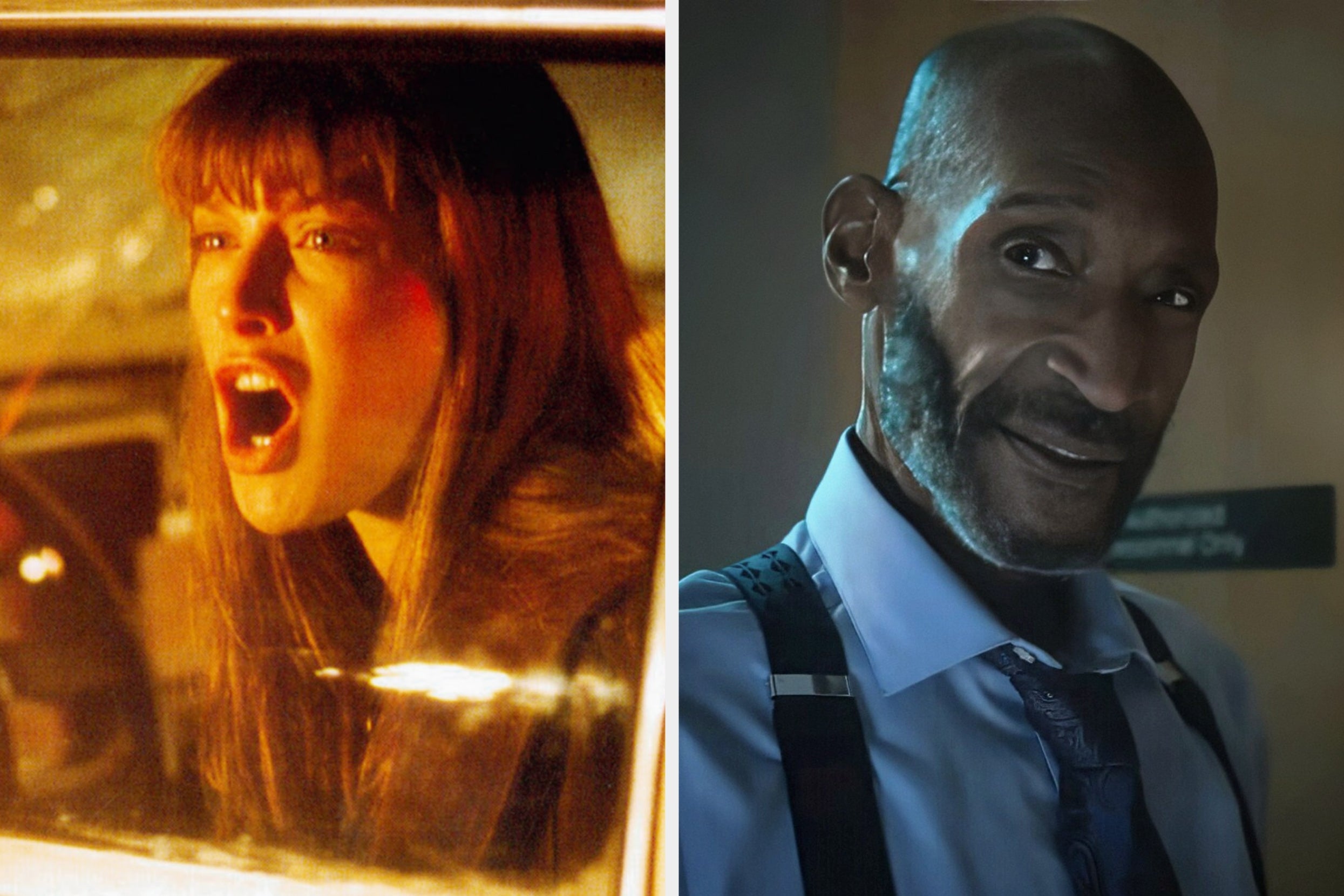 On the left, Ali Larter yelling in a car as Clear in Final Destination, and on the right, Tony Todd smiling as Bludworth in Final Destination Bloodlines