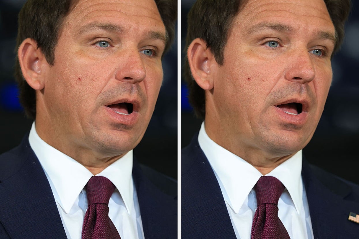 A man in a suit and tie speaks at a public event, shown from two different angles