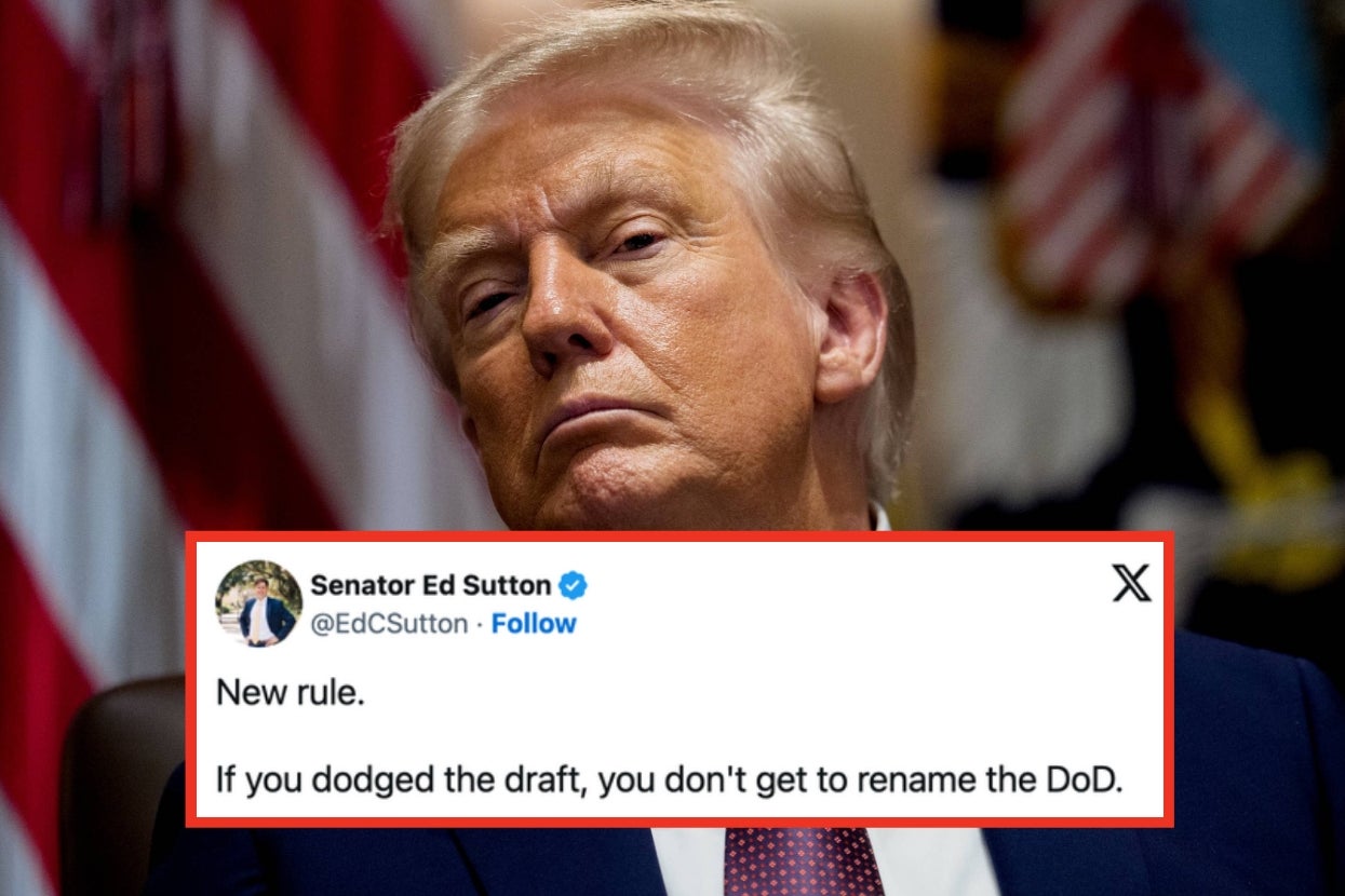 A serious-looking individual sits with an inset tweet reading, "New rule. If you dodged the draft, you don't get to rename the DoD."
