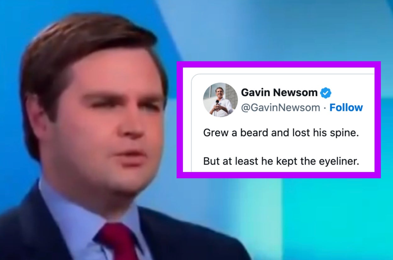 A man in a suit speaks on TV. Inset tweet reads: "Grew a beard and lost his spine. But at least he kept the eyeliner."