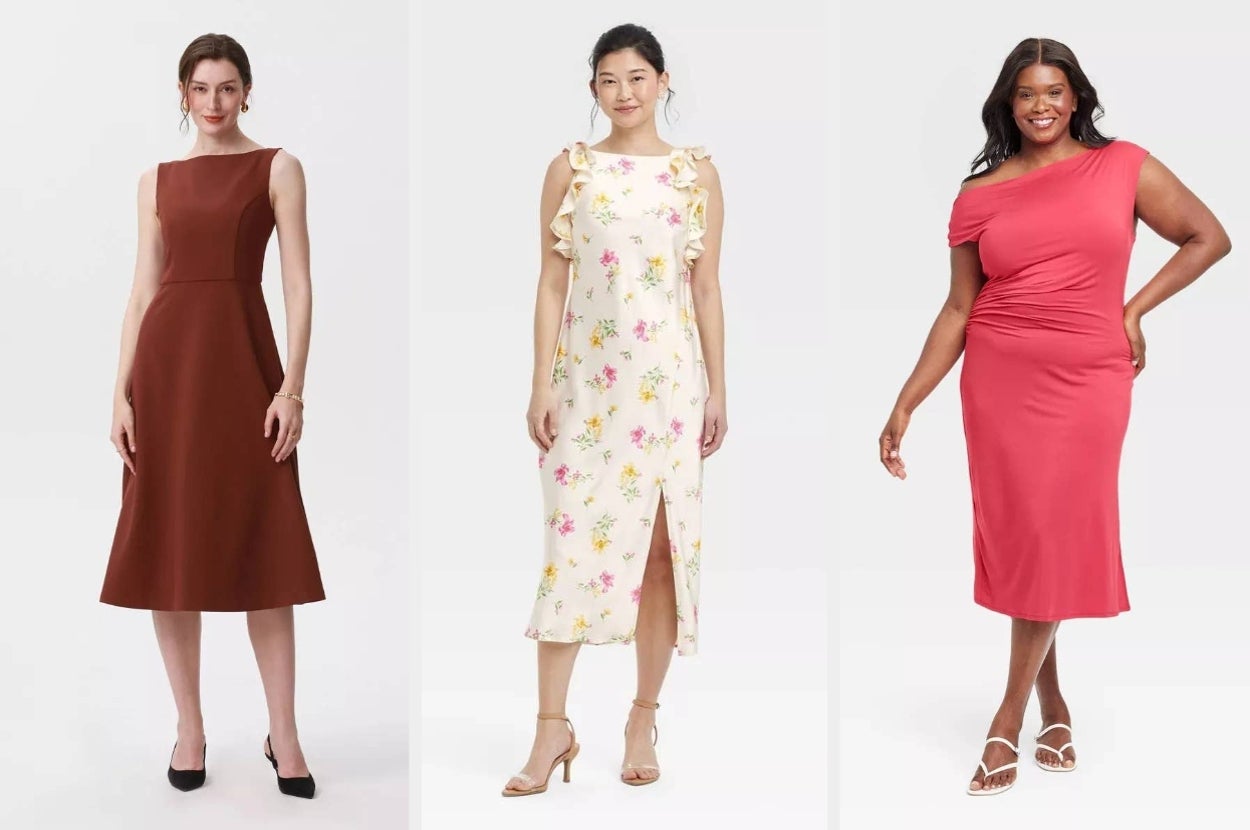Three models showcase elegant dresses: a sleeveless brown midi dress, a floral slit dress with ruffles, and a one-shoulder ruched pink dress