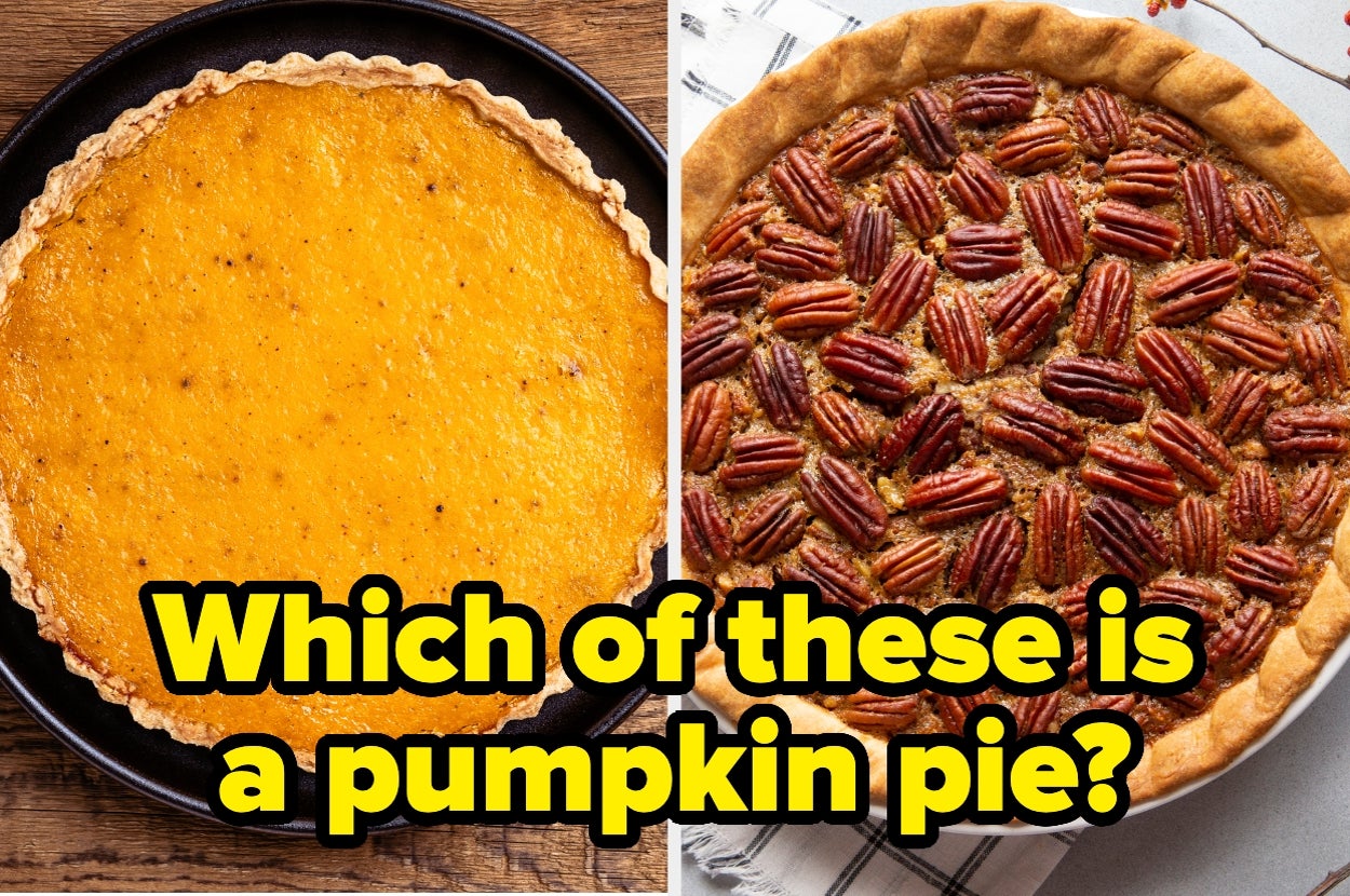 Two pies: one with smooth filling, the other topped with pecans. Text asks which is pumpkin pie
