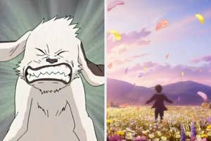 Split image: Left shows an animated animal-like character gritting teeth. Right depicts a person in a field of flowers with petals floating in the air
