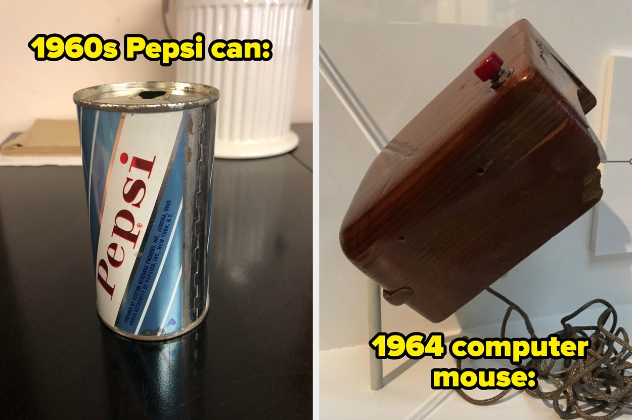 1960s Pepsi can next to a 1964 wooden computer mouse, each labeled with their respective years and descriptions