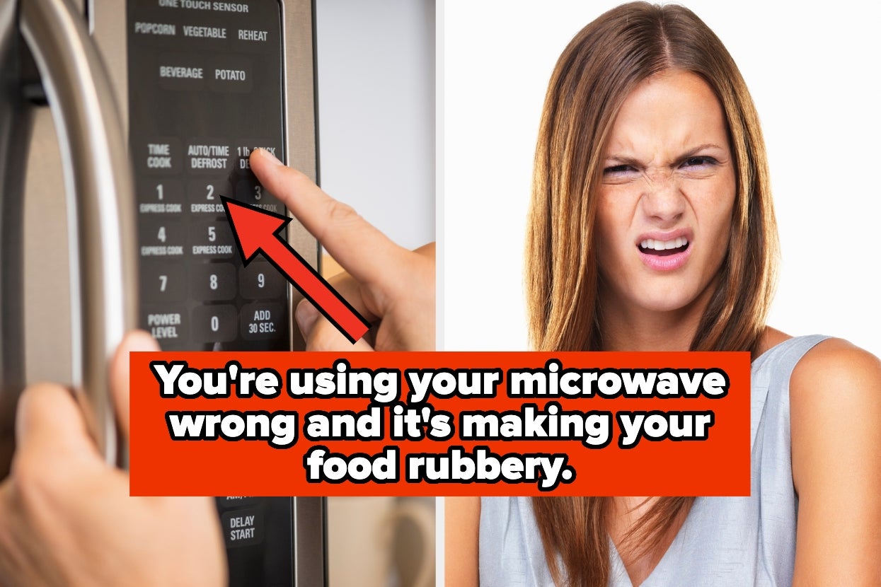 Person confused by microwave settings; text warns incorrect use ruins food texture