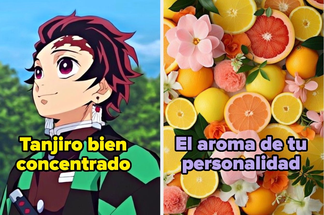 Tanjiro concentrado; frutas y flores variadas con texto "El aroma de tu personalidad"