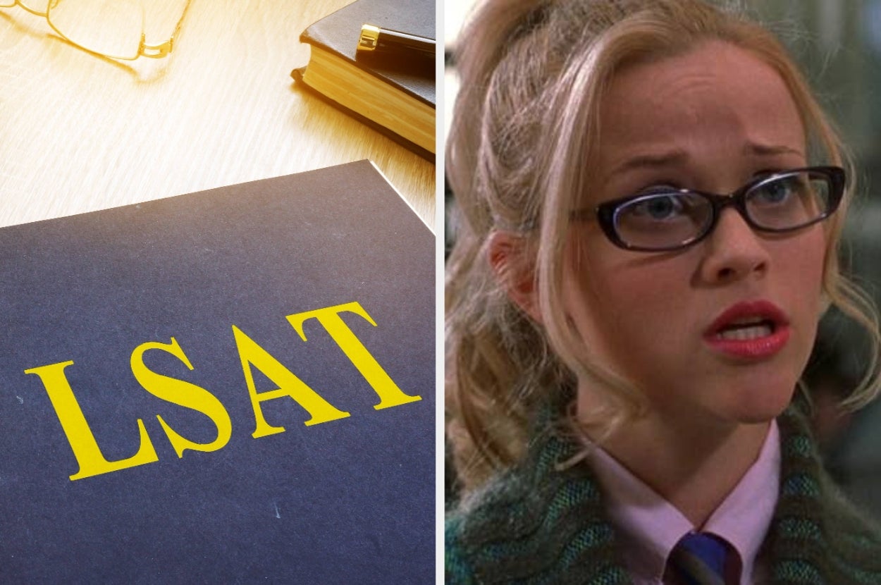 LSAT study book next to glasses and a bewildered woman with glasses and styled hair, evoking a scene related to law studies