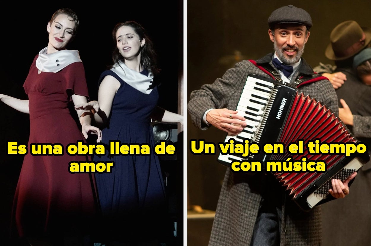 Escenas de un musical: dos mujeres actúan, y un hombre toca el acordeón, evocando un viaje en el tiempo con amor y música