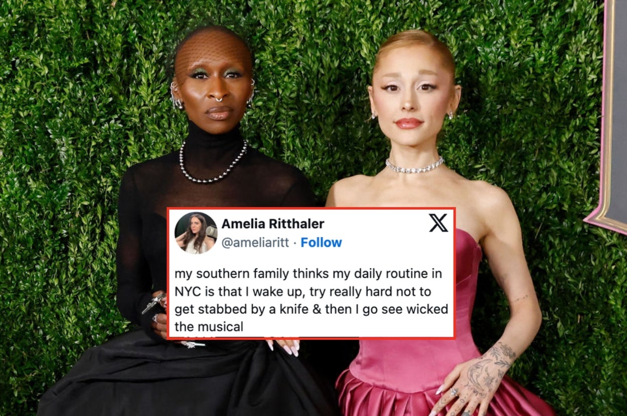Two individuals in elegant attire stand side by side. A tweet reads: "My southern family thinks my NYC routine is waking up, avoiding harm, and seeing Wicked."