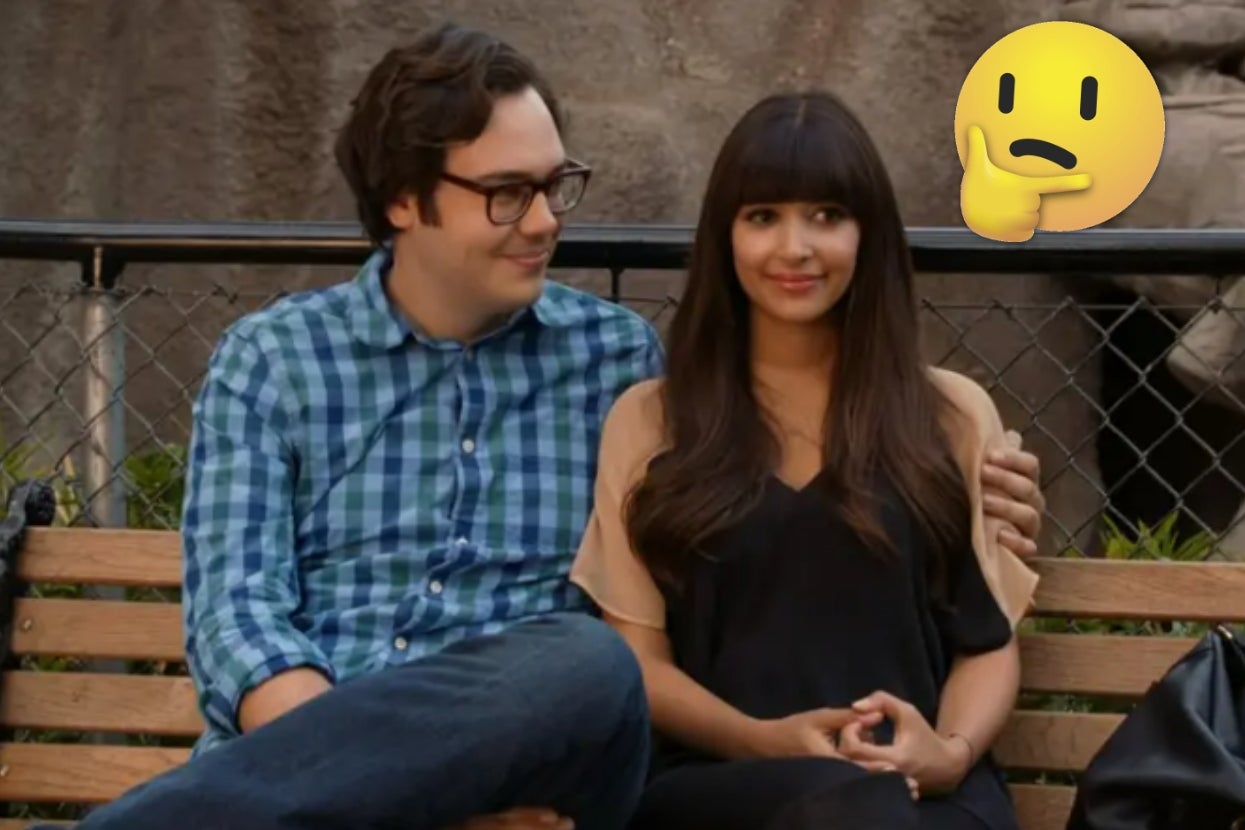 A smiling couple sits on a bench; the man has his arm around the woman. A thinking face emoji is added near them