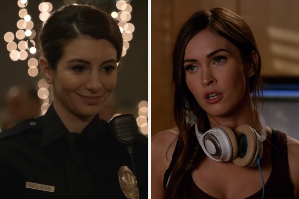 Two women from a TV show: one in a police uniform, smiling; the other in casual wear with headphones around her neck, speaking