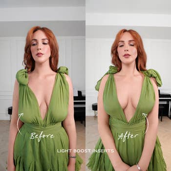 Before and aft representation showing a exemplary successful a greenish formal utilizing airy boost inserts for enhanced acceptable and assistance successful the bust area