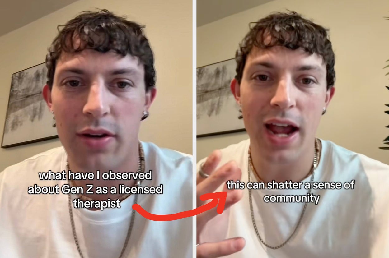 Split image of a person speaking: "What I have observed about Gen Z as a licensed therapist" and "This can shatter a sense of community."