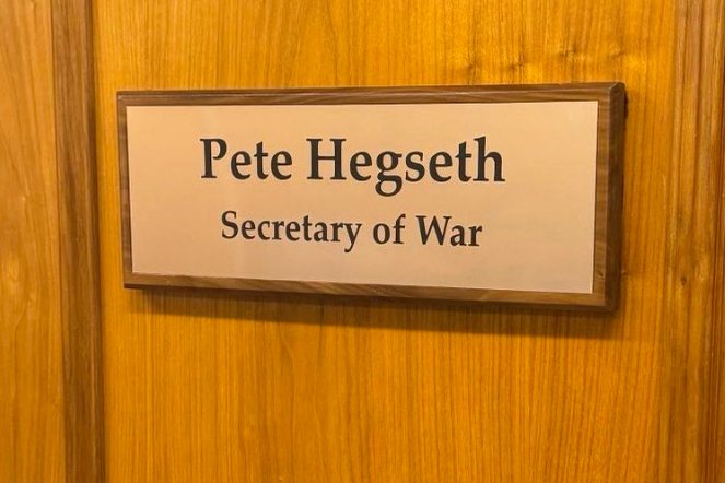 Door with sign reading "Pete Hegseth, Secretary of War."