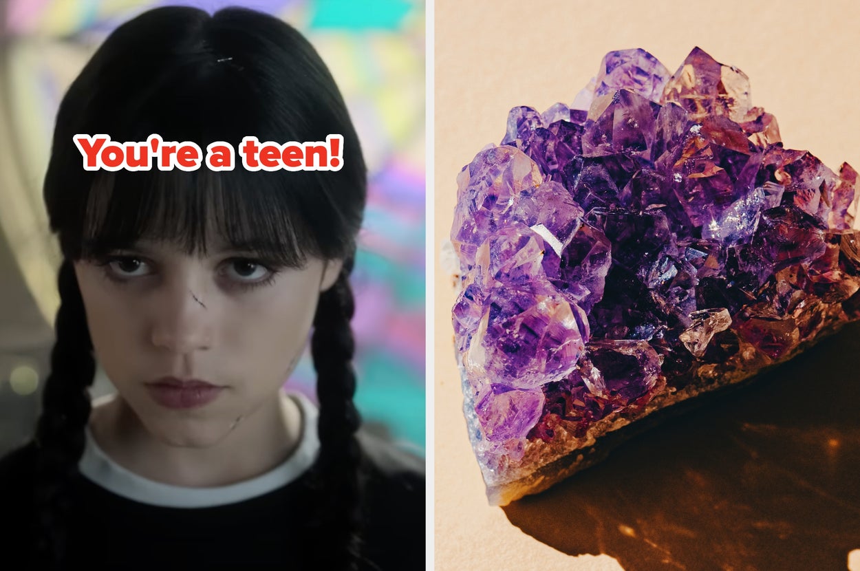 Split image: Left, person with braids and serious expression; right, a cluster of purple crystals. Overlay text: "You're a teen!"